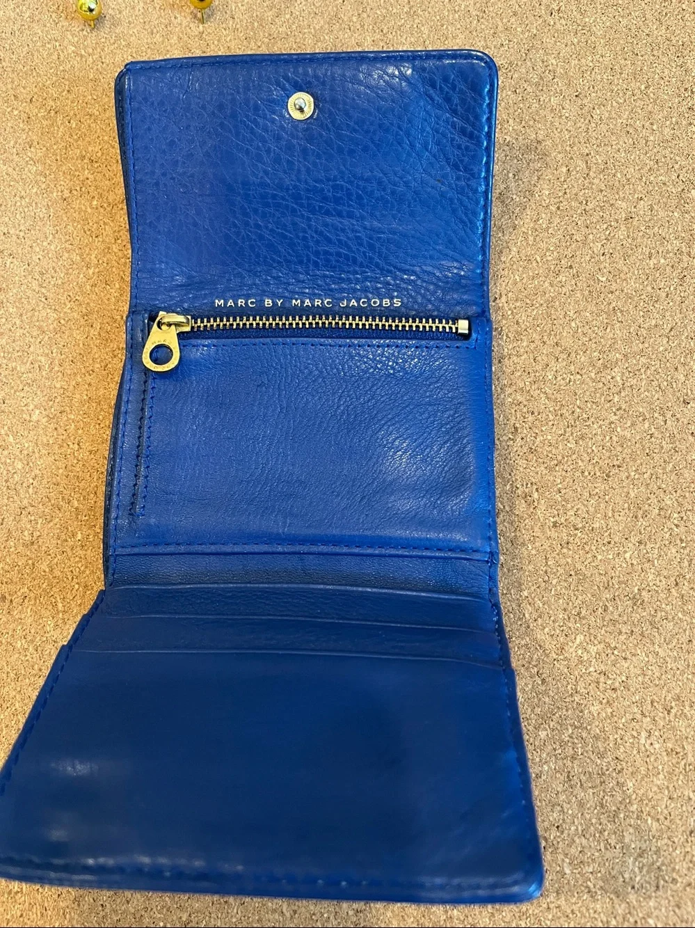 Marc by Marc Jacobs Blue Leather Compact Wallet with Orange Logo Plate